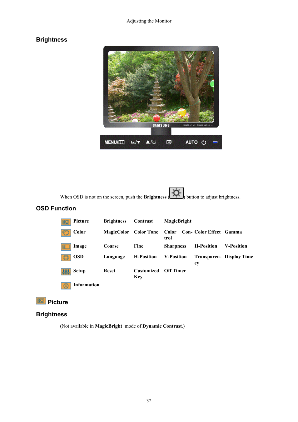 Brightness, Osd function, Picture | Samsung LS17MYAKF-DZS User Manual | Page 33 / 74