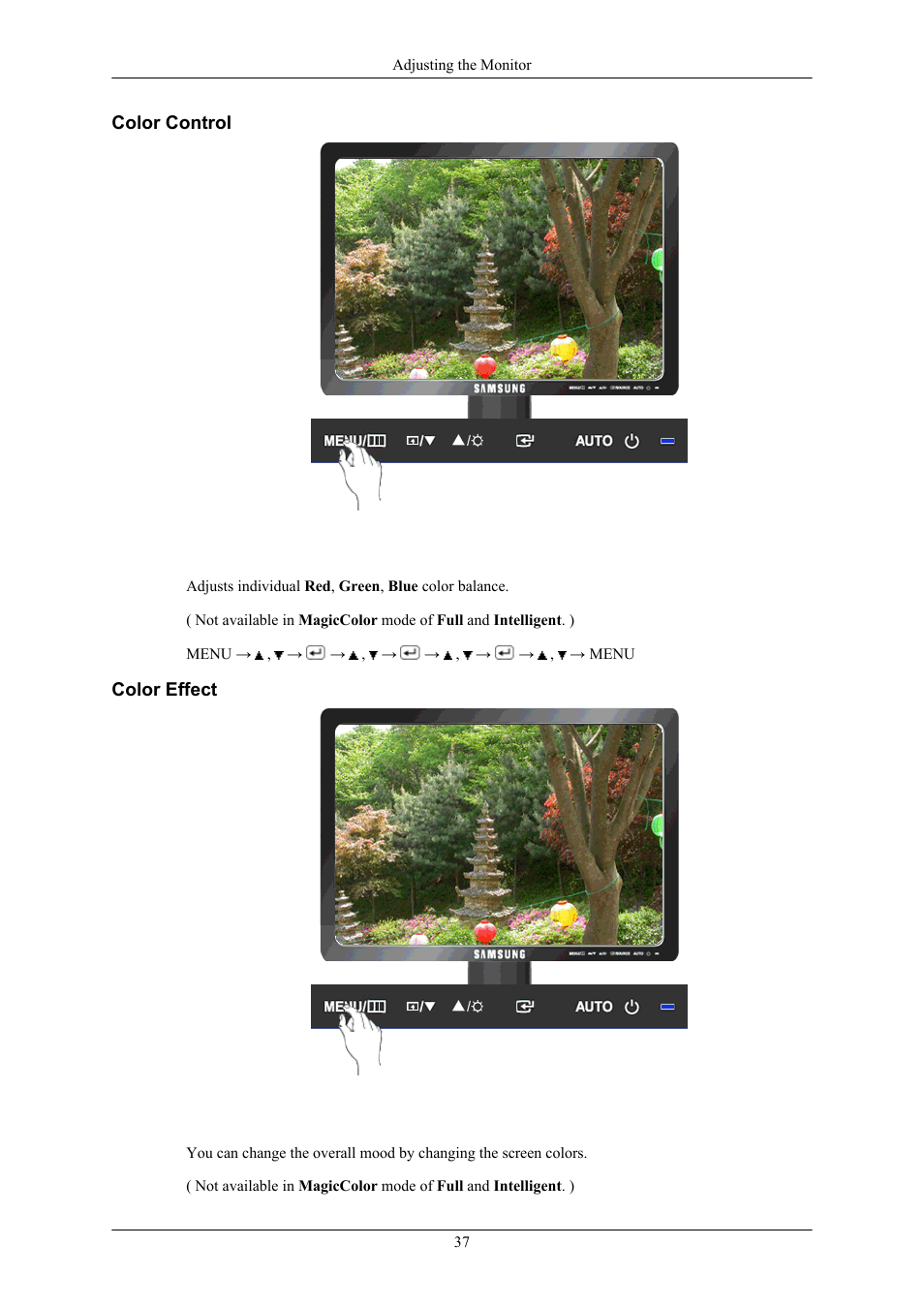 Color control, Color effect | Samsung LS17MYAKF-DZS User Manual | Page 38 / 74