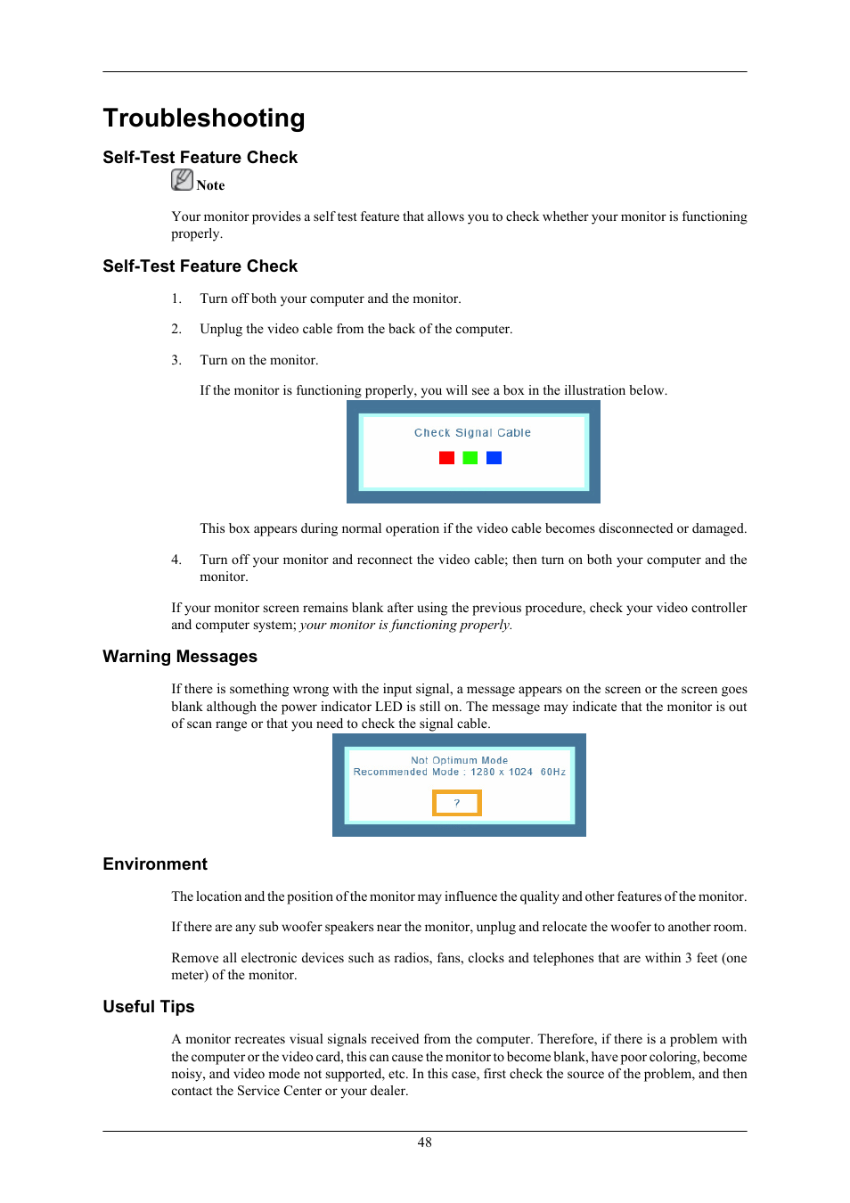 Troubleshooting, Self-test feature check, Warning messages | Environment, Useful tips | Samsung LS17MYAKF-DZS User Manual | Page 49 / 74