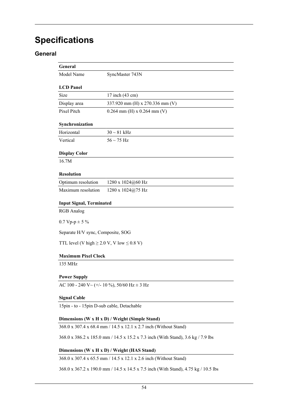 Specifications, General | Samsung LS17MYAKF-DZS User Manual | Page 55 / 74