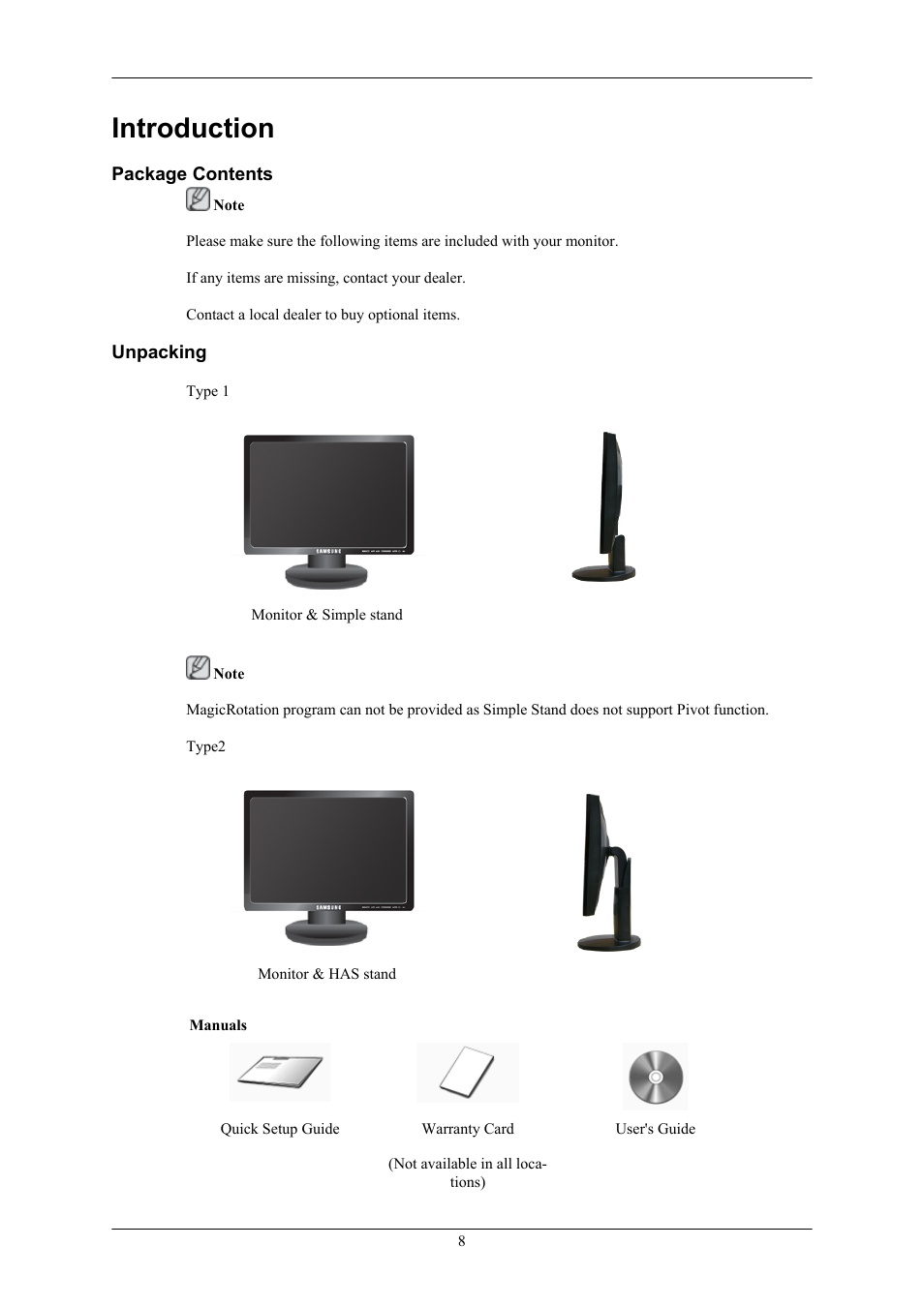 Introduction, Package contents, Unpacking | Samsung LS17MYAKF-DZS User Manual | Page 9 / 74