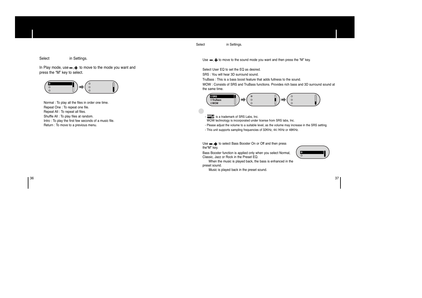 Selecting the play mode, Sound settings, Sound settings selecting the play mode | Ipreset eq, Ibass booster | Samsung YP-F1XB-XAP User Manual | Page 19 / 27