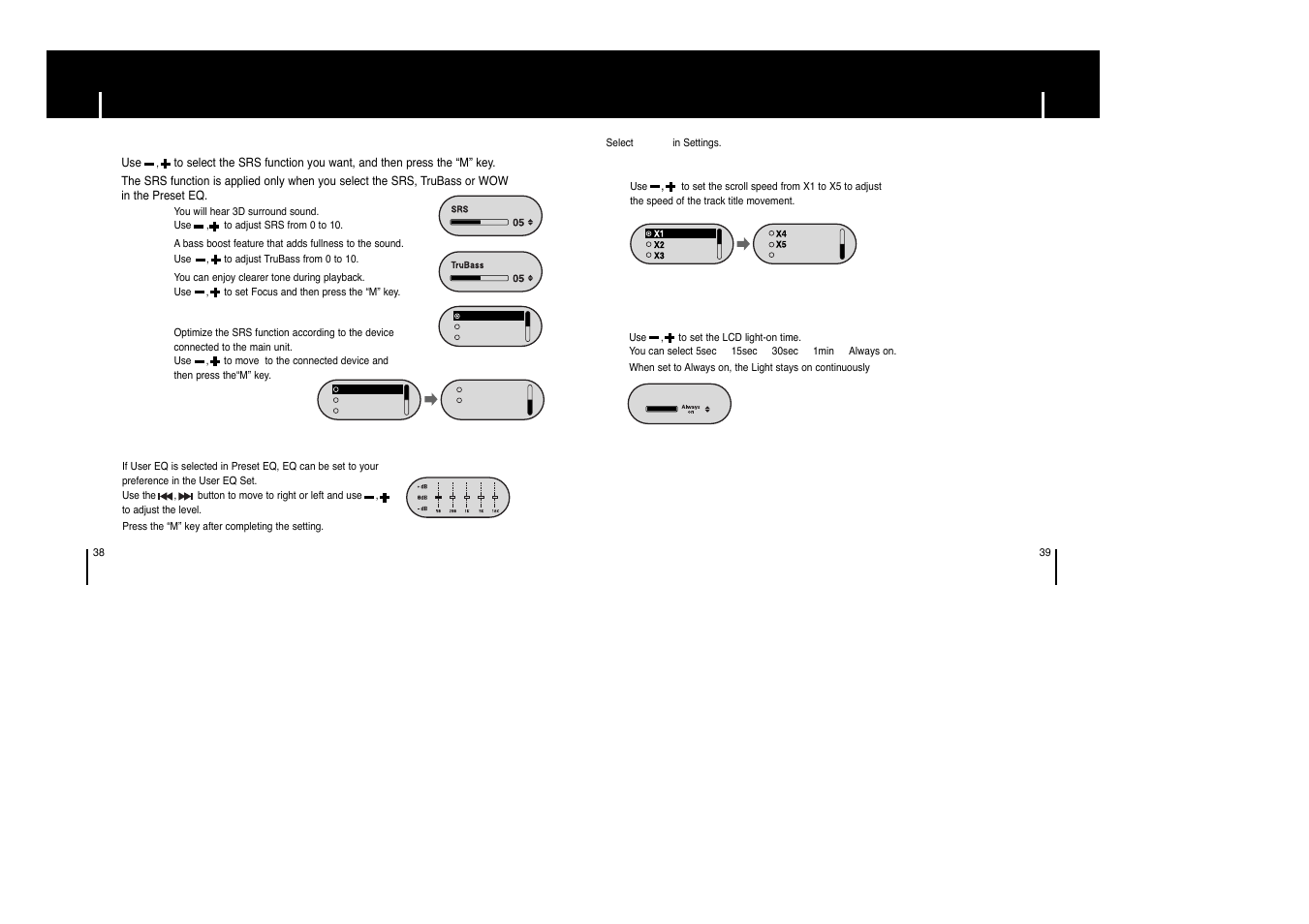 Display settings, Display settings sound settings, Iscroll | Ilcd time, Iwow set, Iuser eq set | Samsung YP-F1XB-XAP User Manual | Page 20 / 27