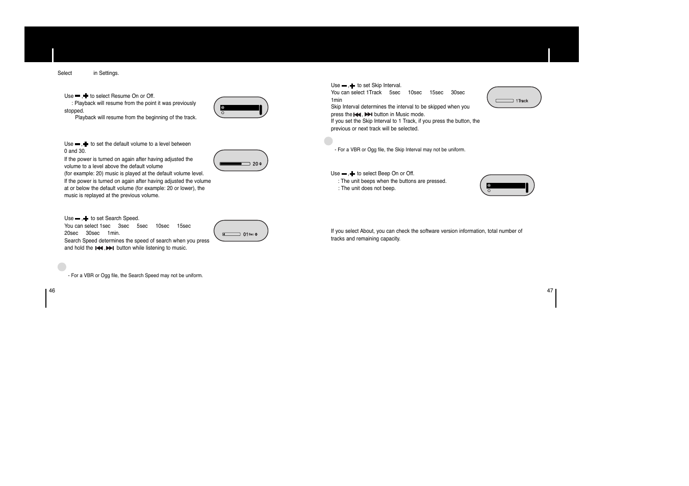 Setting the system, Iskip interval, Ibeep | Iabout, Iresume, Idefault vol, Isearch speed | Samsung YP-F1XB-XAP User Manual | Page 24 / 27