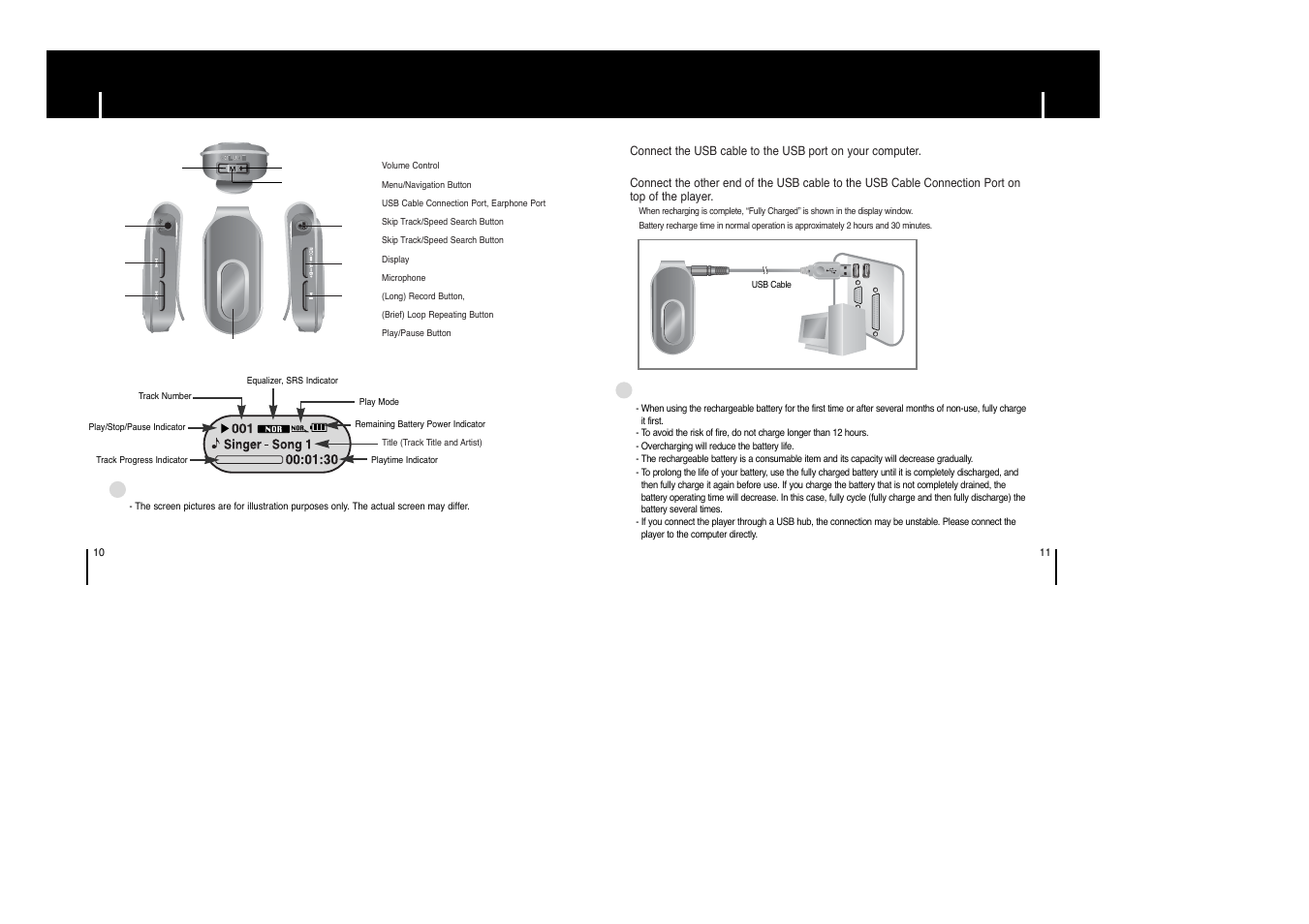 Charging the battery, Charging the battery components, Idisplay | Samsung YP-F1XB-XAP User Manual | Page 6 / 27