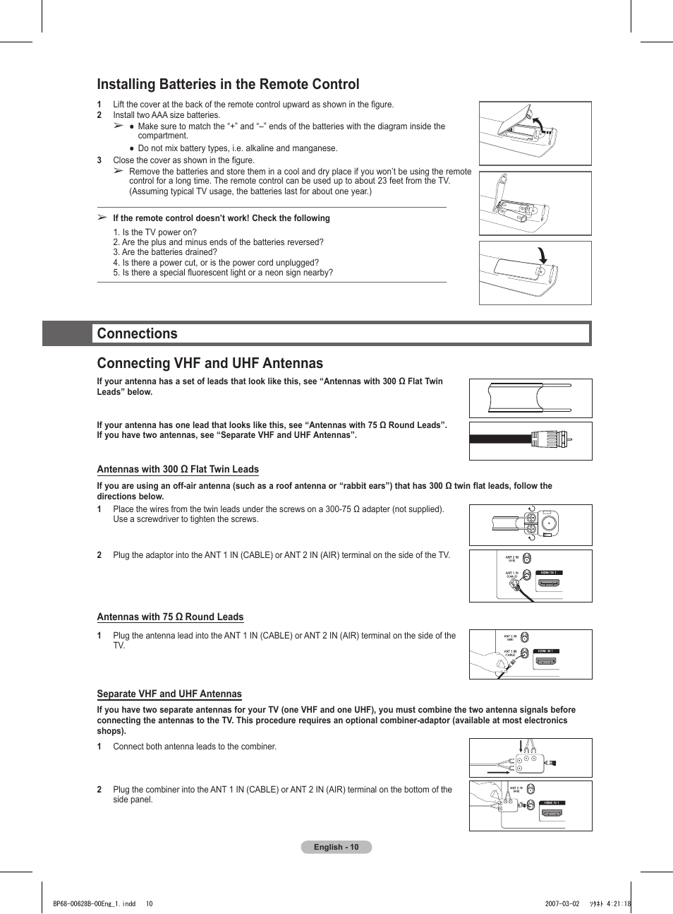 Installing batteries in the remote control, Connections, Connecting vhf and uhf antennas | Connections connecting vhf and uhf antennas | Samsung HLT6189SAX-XAA User Manual | Page 10 / 271