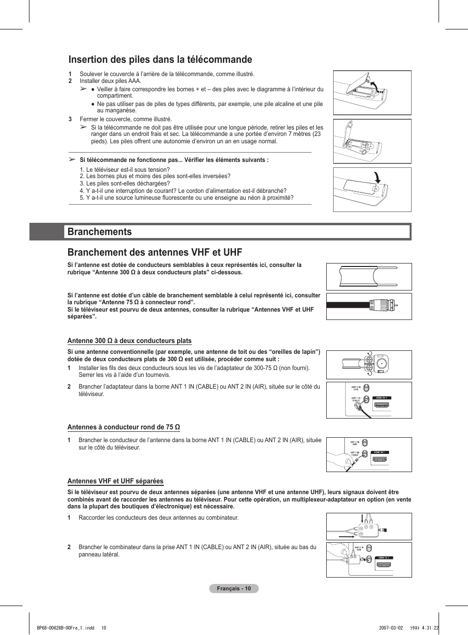 Insertion des piles dans la télécommande, Branchements branchement des antennes vhf et uhf | Samsung HLT6189SAX-XAA User Manual | Page 104 / 271