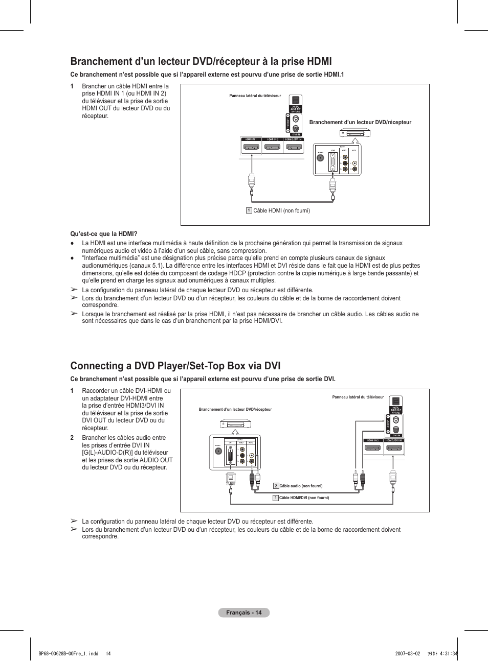 Connecting a dvd player/set-top box via dvi | Samsung HLT6189SAX-XAA User Manual | Page 108 / 271