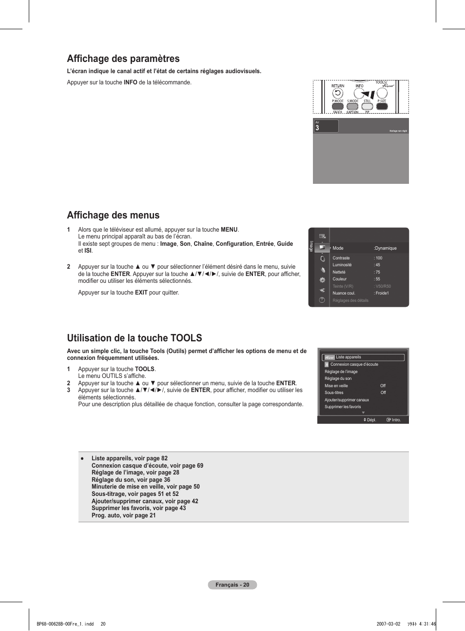 Affichage des paramètres, Affichage des menus, Utilisation de la touche tools | Samsung HLT6189SAX-XAA User Manual | Page 114 / 271