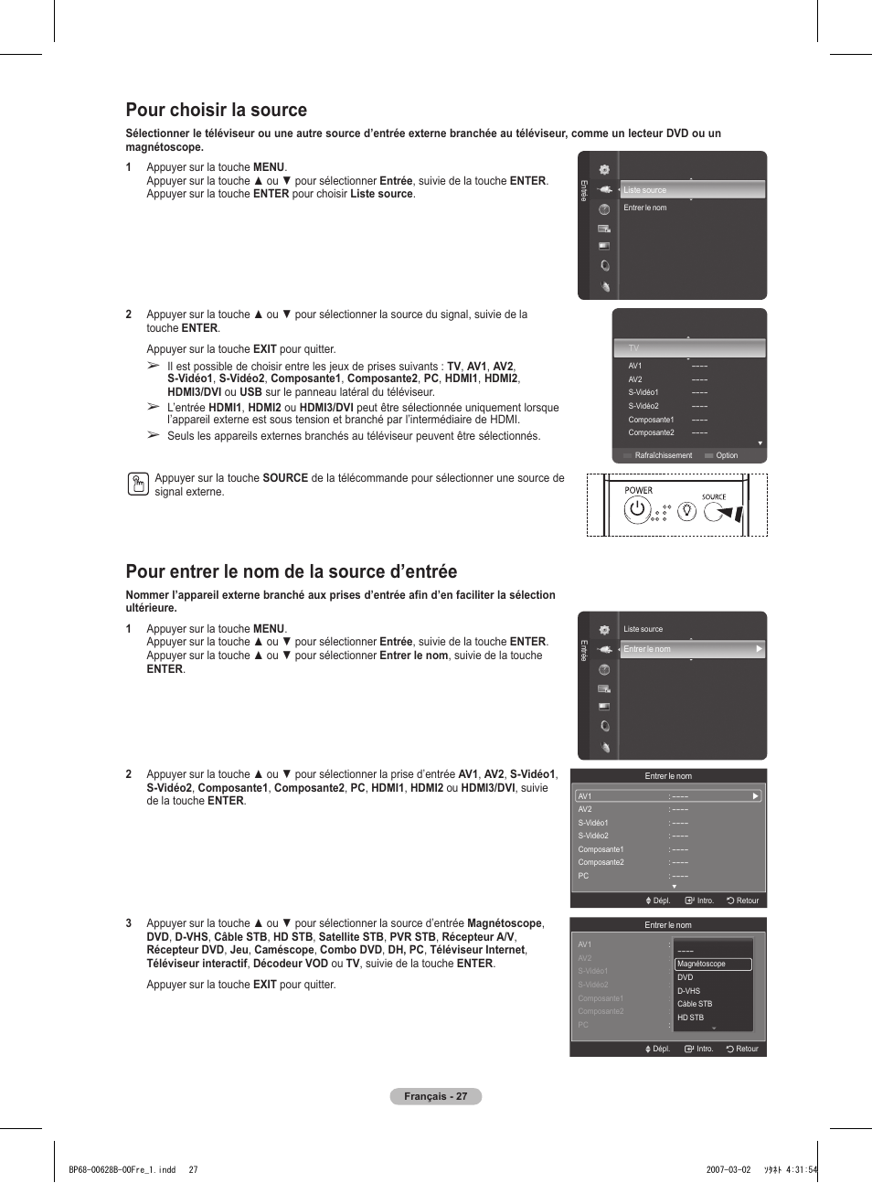 Pour choisir la source, Pour entrer le nom de la source d’entrée | Samsung HLT6189SAX-XAA User Manual | Page 121 / 271