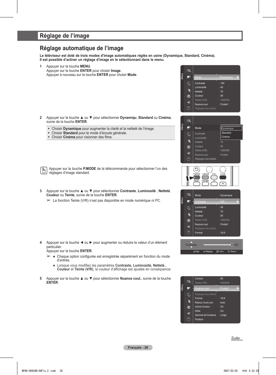 Réglage de l’image réglage automatique de l’image, Suite | Samsung HLT6189SAX-XAA User Manual | Page 122 / 271
