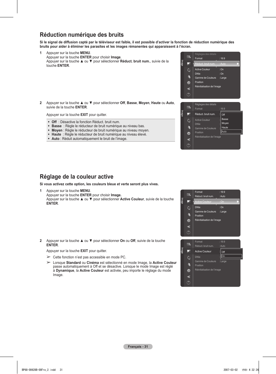 Réduction numérique des bruits, Réglage de la couleur active | Samsung HLT6189SAX-XAA User Manual | Page 125 / 271