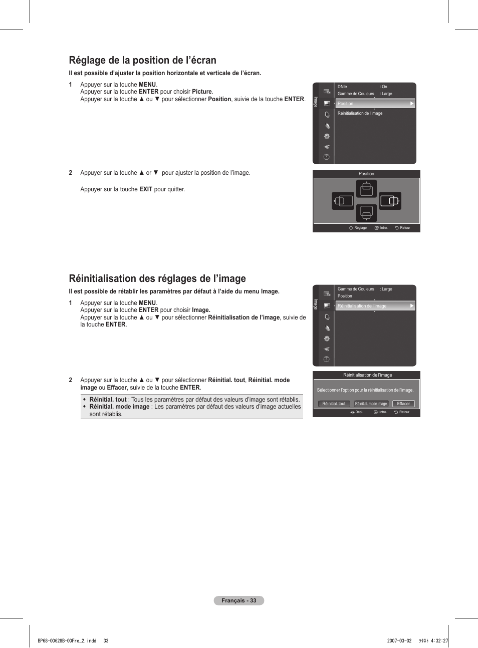 Réglage de la position de l’écran, Réinitialisation des réglages de l’image | Samsung HLT6189SAX-XAA User Manual | Page 127 / 271