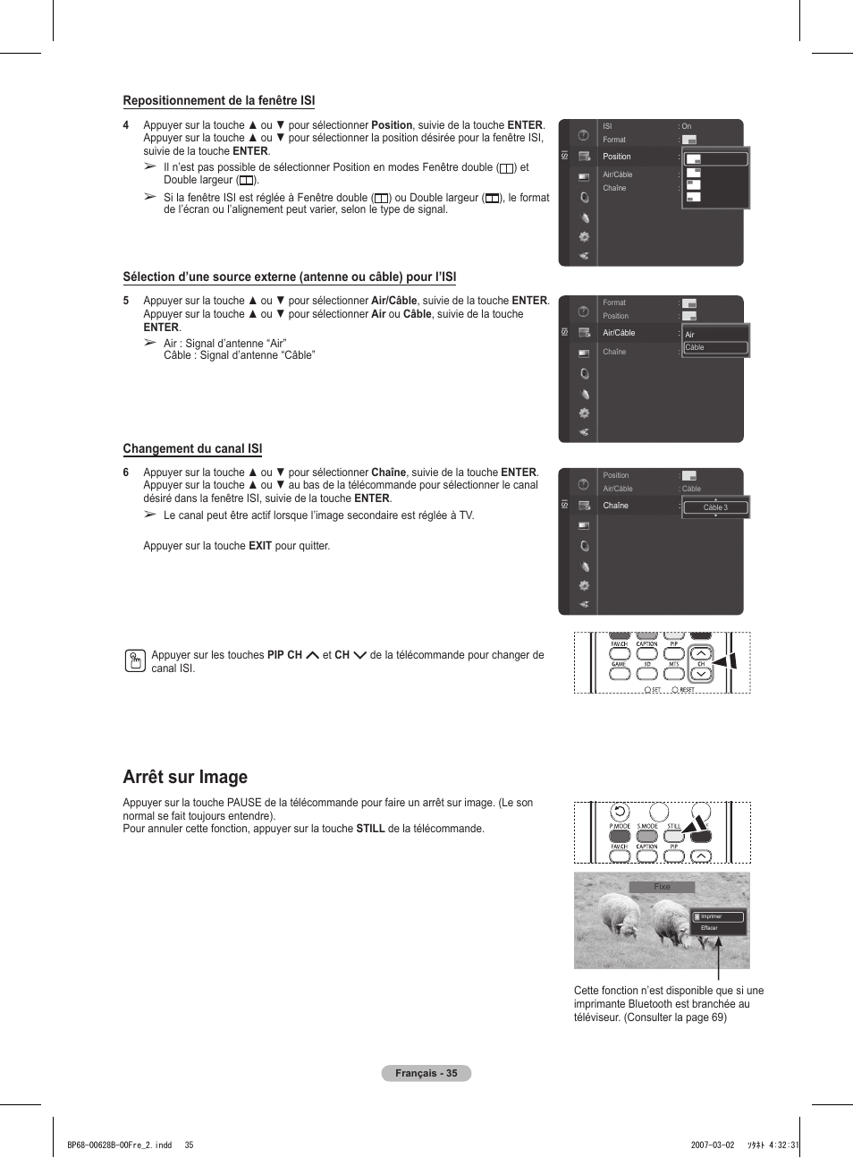 Arrêt sur image, Repositionnement de la fenêtre isi, Changement du canal isi | Samsung HLT6189SAX-XAA User Manual | Page 129 / 271