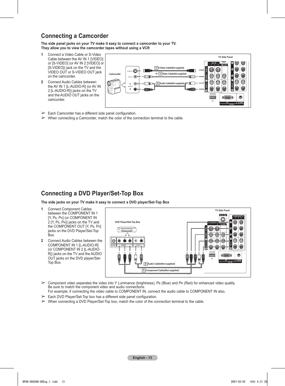 Connecting a camcorder, Connecting a dvd player/set-top box | Samsung HLT6189SAX-XAA User Manual | Page 13 / 271