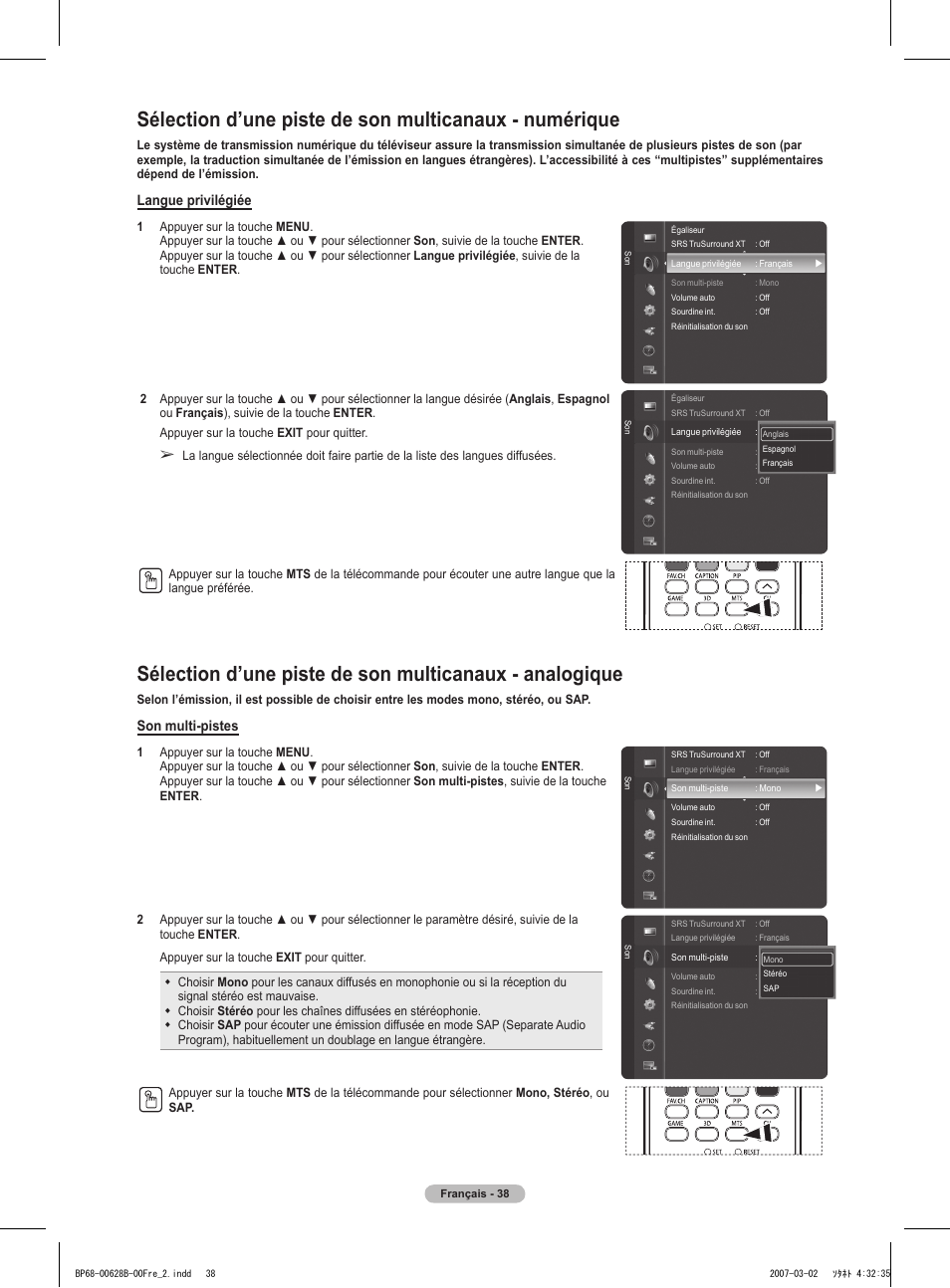 Langue privilégiée, Son multi-pistes | Samsung HLT6189SAX-XAA User Manual | Page 132 / 271
