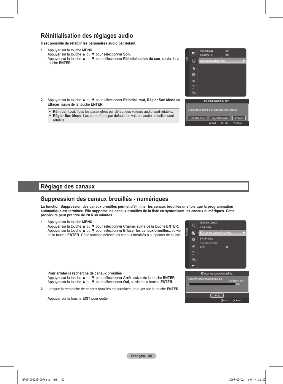 Réinitialisation des réglages audio | Samsung HLT6189SAX-XAA User Manual | Page 134 / 271