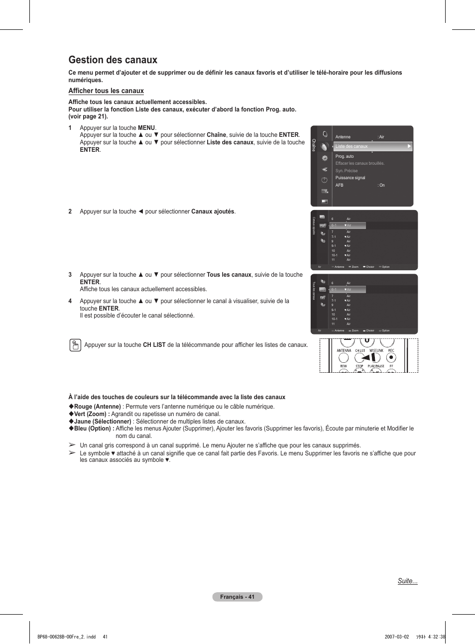 Gestion des canaux, Afficher tous les canaux, Suite | Samsung HLT6189SAX-XAA User Manual | Page 135 / 271