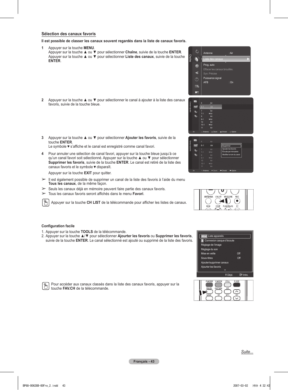 Sélection des canaux favoris, Suite | Samsung HLT6189SAX-XAA User Manual | Page 137 / 271