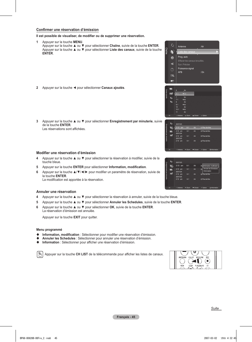 Confirmer une réservation d’émission, Modifier une réservation d’émission, Annuler une réservation | Suite, Français - 45 | Samsung HLT6189SAX-XAA User Manual | Page 139 / 271