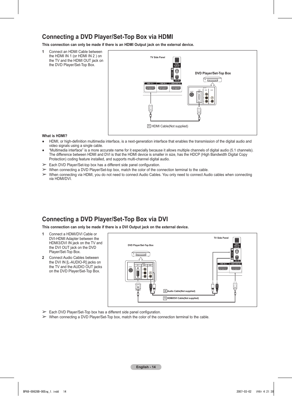Connecting a dvd player/set-top box via hdmi, Connecting a dvd player/set-top box via dvi | Samsung HLT6189SAX-XAA User Manual | Page 14 / 271