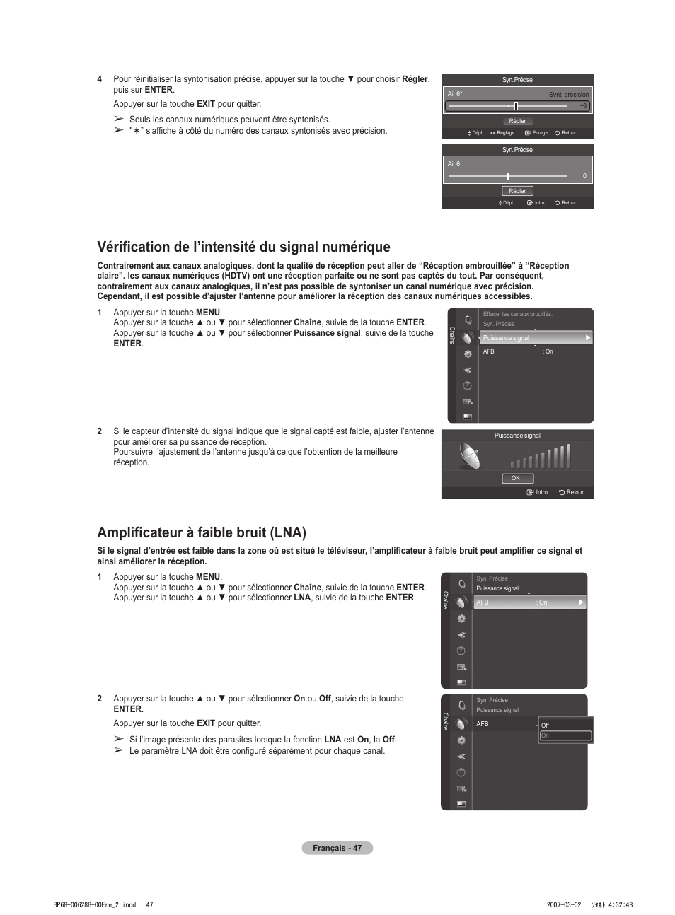 Vérification de l’intensité du signal numérique, Amplificateur à faible bruit (lna) | Samsung HLT6189SAX-XAA User Manual | Page 141 / 271