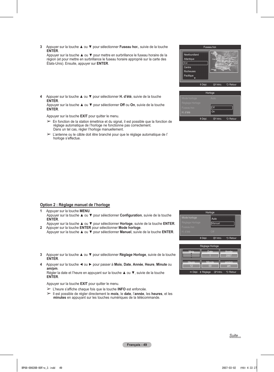 Suite... option 2 : réglage manuel de l’horloge | Samsung HLT6189SAX-XAA User Manual | Page 143 / 271