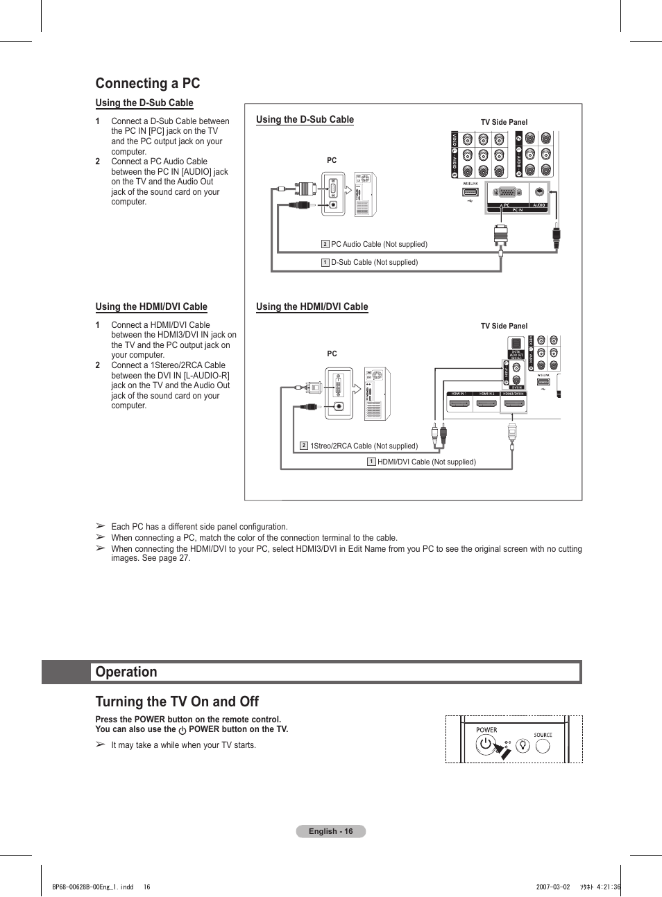 Connecting a pc, Operation, Turning the tv on and off | Operation turning the tv on and off | Samsung HLT6189SAX-XAA User Manual | Page 16 / 271