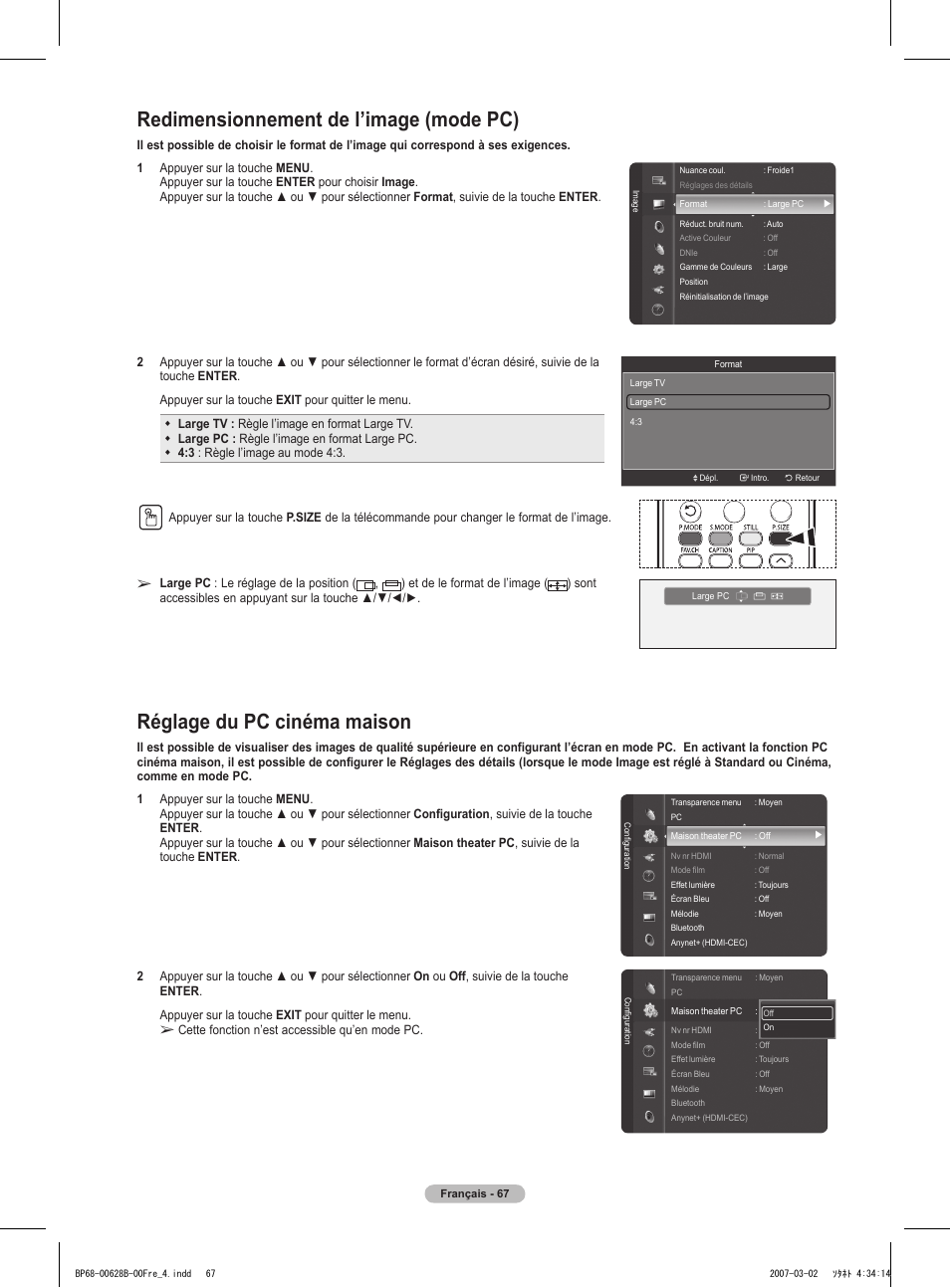 Redimensionnement de l’image (mode pc), Réglage du pc cinéma maison | Samsung HLT6189SAX-XAA User Manual | Page 161 / 271