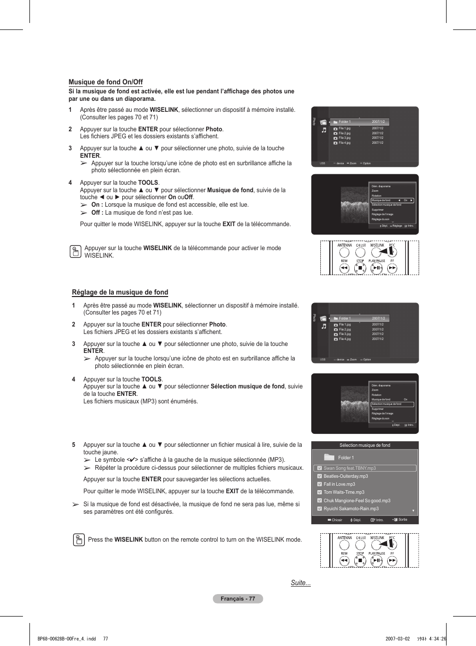 Suite... musique de fond on/off, Réglage de la musique de fond | Samsung HLT6189SAX-XAA User Manual | Page 171 / 271