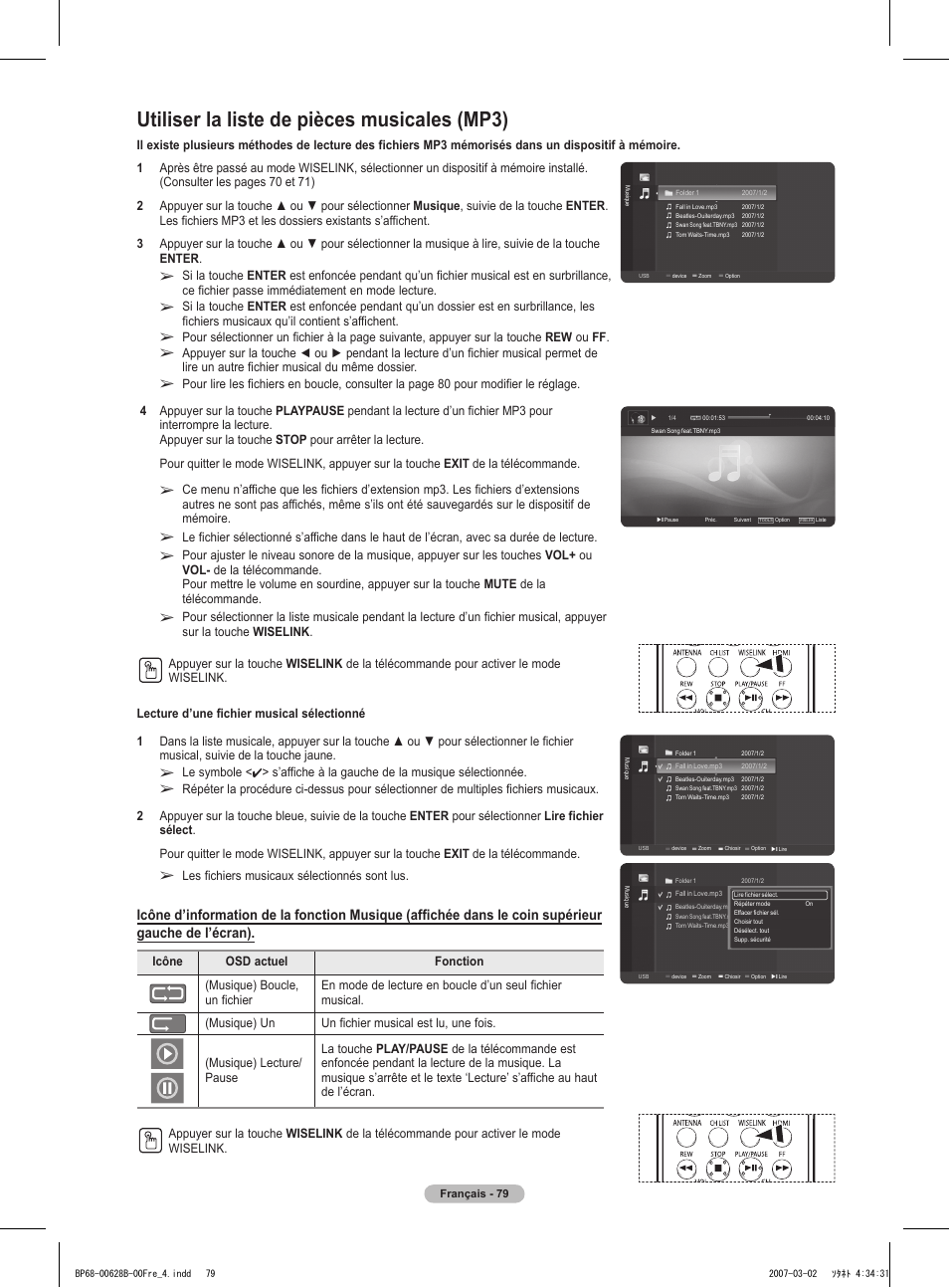 Utiliser la liste de pièces musicales (mp3) | Samsung HLT6189SAX-XAA User Manual | Page 173 / 271