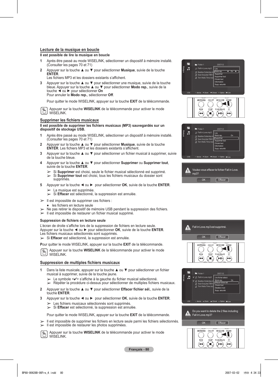 Lecture de la musique en boucle, Supprimer les fichiers musicaux, Suppression de multiples fichiers musicaux | Samsung HLT6189SAX-XAA User Manual | Page 174 / 271
