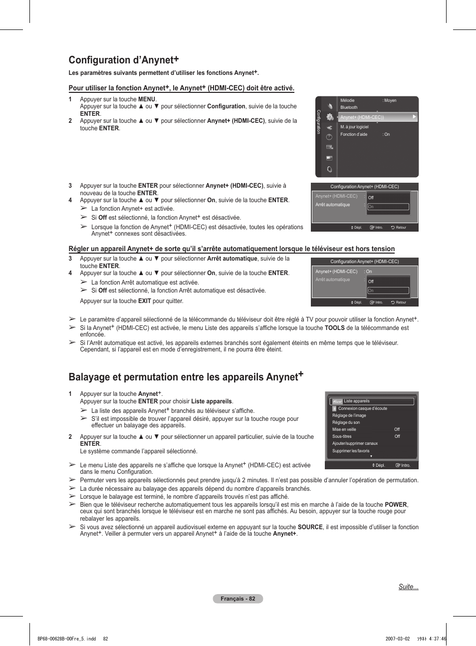 Configuration d’anynet, Balayage et permutation entre les appareils anynet | Samsung HLT6189SAX-XAA User Manual | Page 176 / 271