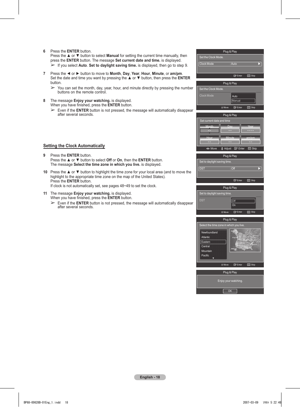 Setting the clock automatically | Samsung HLT6189SAX-XAA User Manual | Page 18 / 271