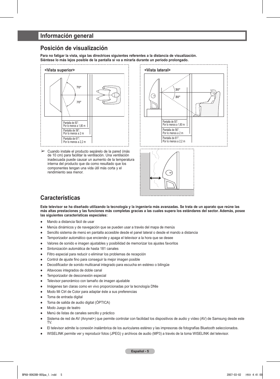 Información general posición de visualización, Características | Samsung HLT6189SAX-XAA User Manual | Page 187 / 271