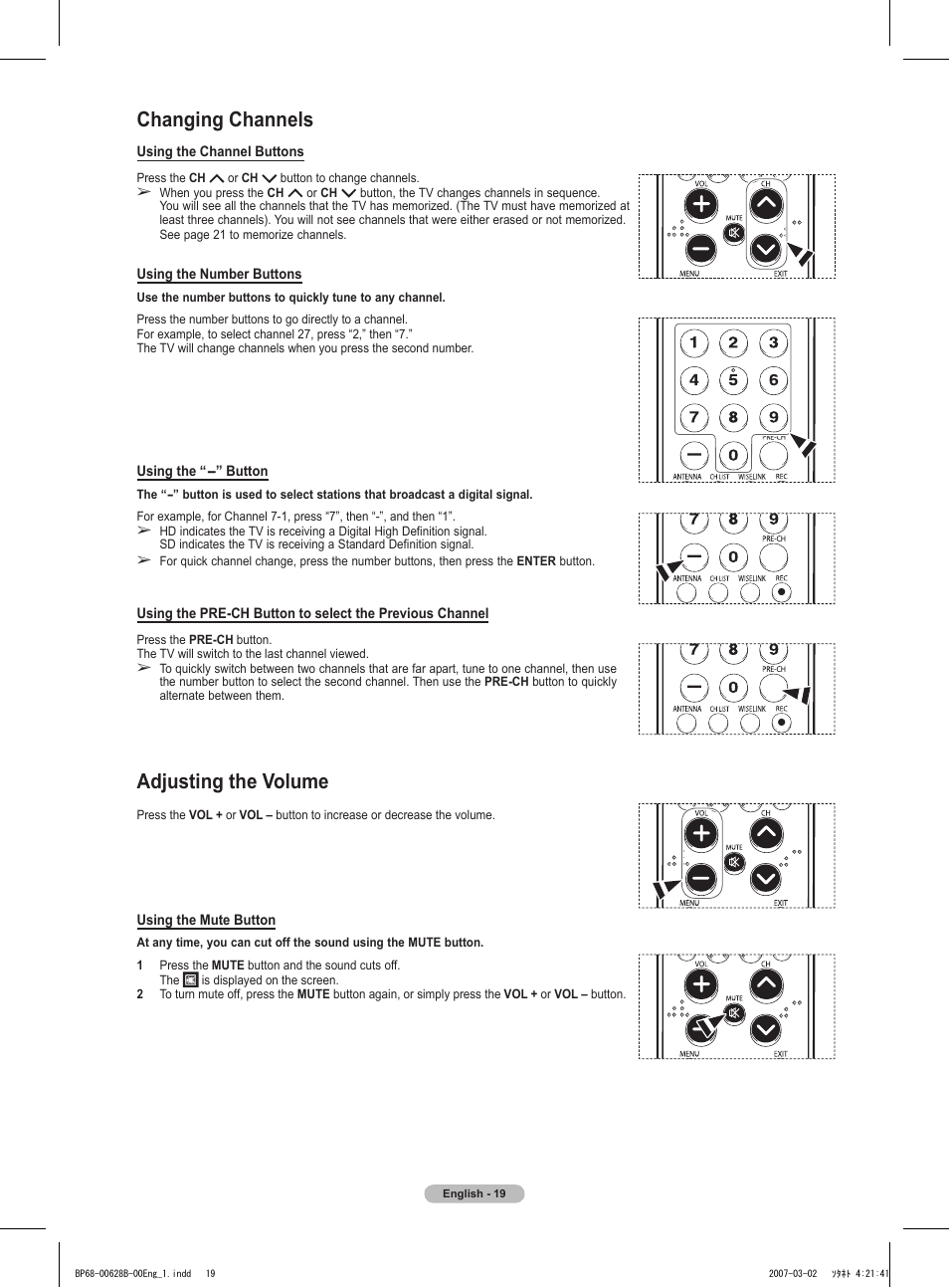 Changing channels, Adjusting the volume | Samsung HLT6189SAX-XAA User Manual | Page 19 / 271