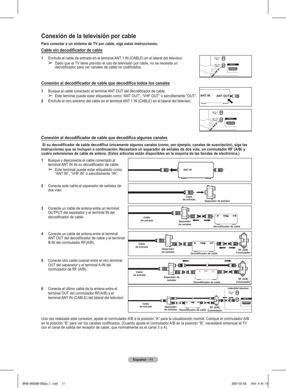 Conexión de la televisión por cable, Cable sin decodificador de cable | Samsung HLT6189SAX-XAA User Manual | Page 193 / 271