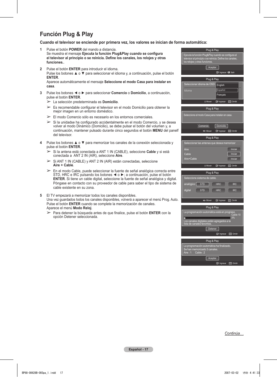 Función plug & play, Continúa | Samsung HLT6189SAX-XAA User Manual | Page 199 / 271
