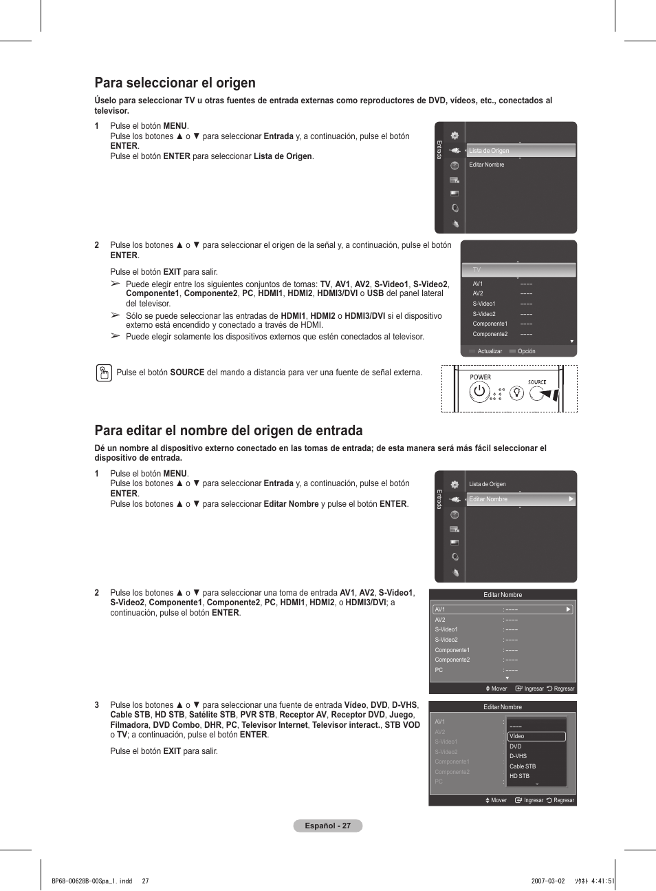 Para seleccionar el origen, Para editar el nombre del origen de entrada | Samsung HLT6189SAX-XAA User Manual | Page 209 / 271