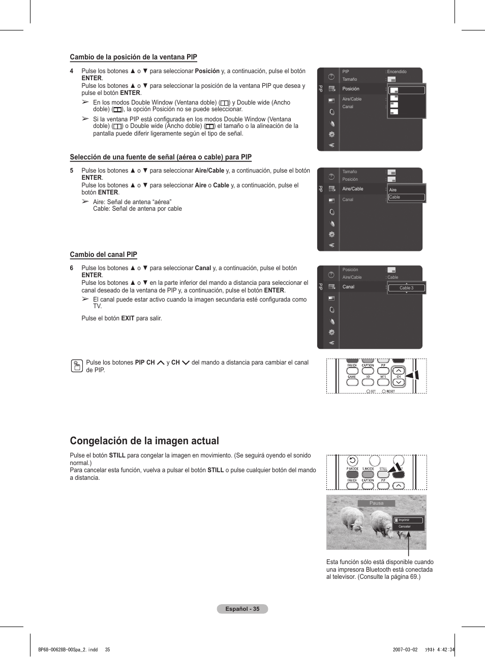 Congelación de la imagen actual, Cambio de la posición de la ventana pip, Cambio del canal pip | Samsung HLT6189SAX-XAA User Manual | Page 217 / 271
