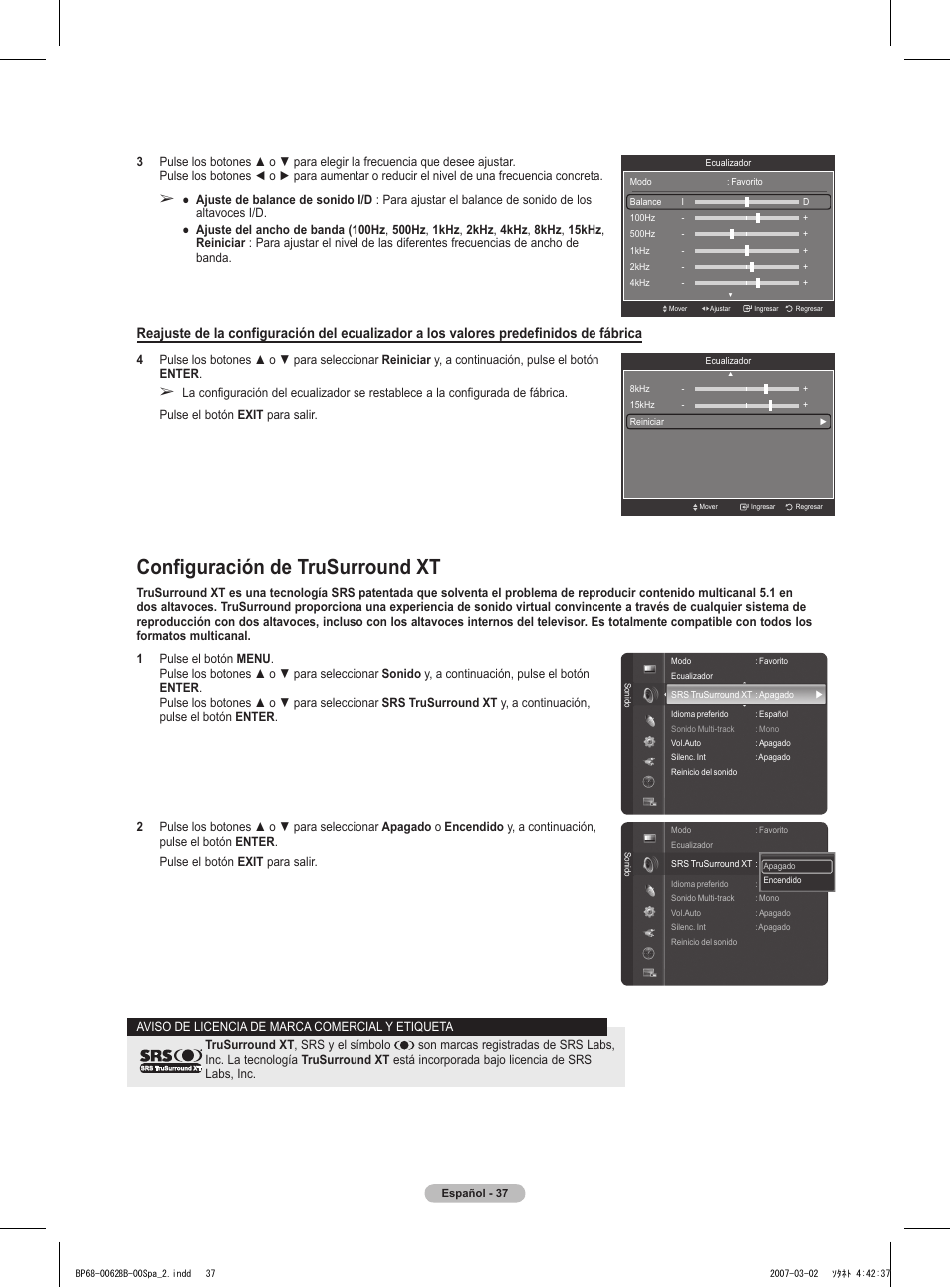 Configuración de trusurround xt | Samsung HLT6189SAX-XAA User Manual | Page 219 / 271