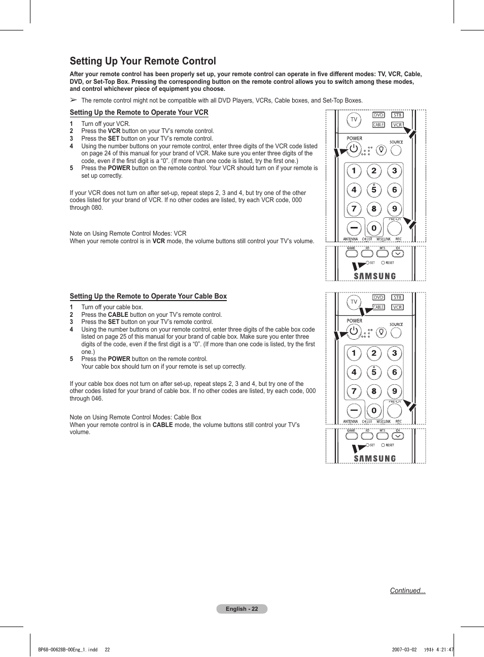 Setting up your remote control | Samsung HLT6189SAX-XAA User Manual | Page 22 / 271