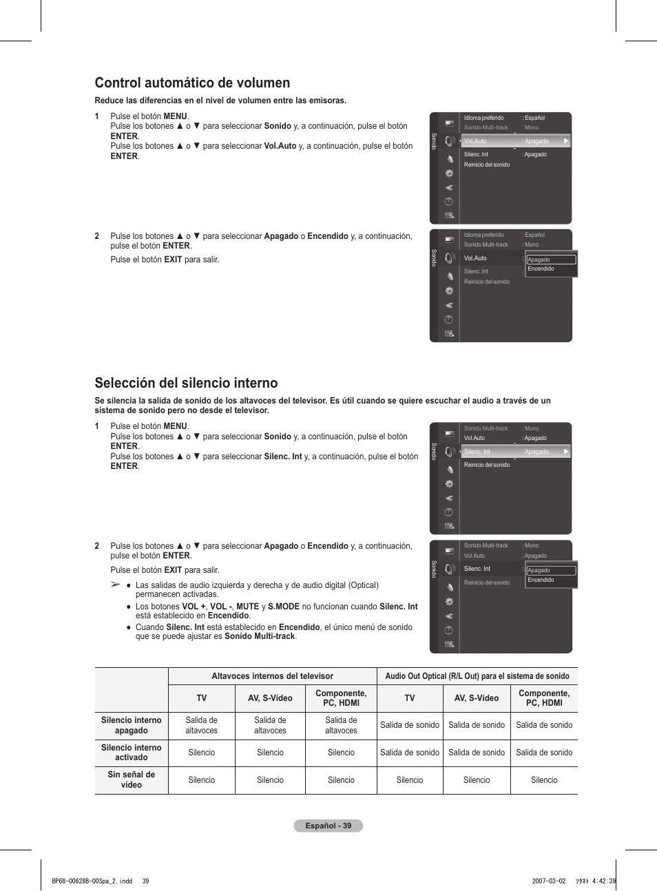 Control automático de volumen, Selección del silencio interno | Samsung HLT6189SAX-XAA User Manual | Page 221 / 271