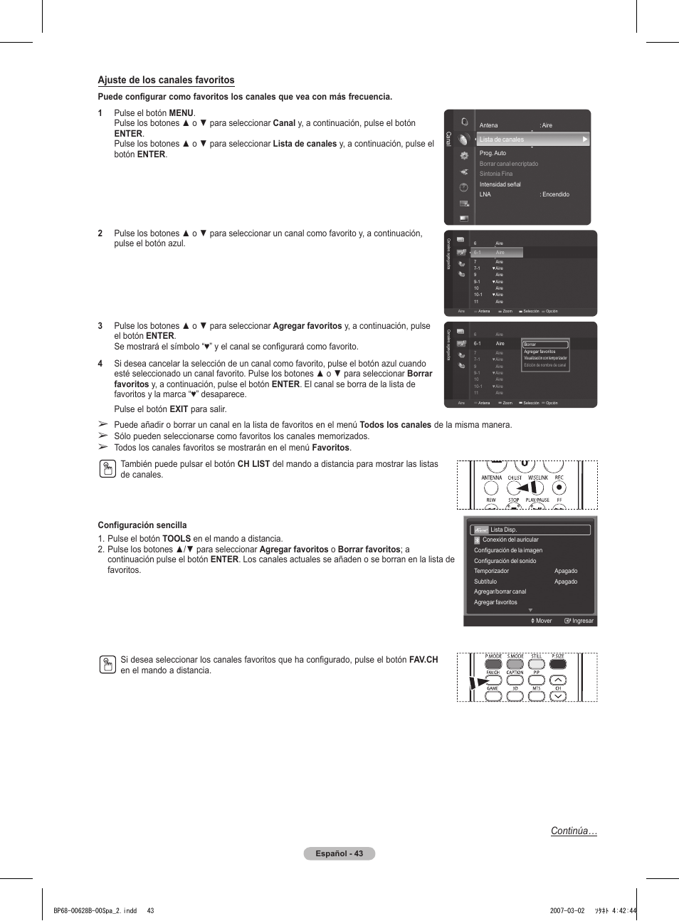 Ajuste de los canales favoritos, Continúa | Samsung HLT6189SAX-XAA User Manual | Page 225 / 271