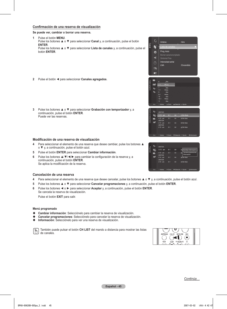 Confirmación de una reserva de visualización, Modificación de una reserva de visualización, Cancelación de una reserva | Continúa, Español - 45 | Samsung HLT6189SAX-XAA User Manual | Page 227 / 271