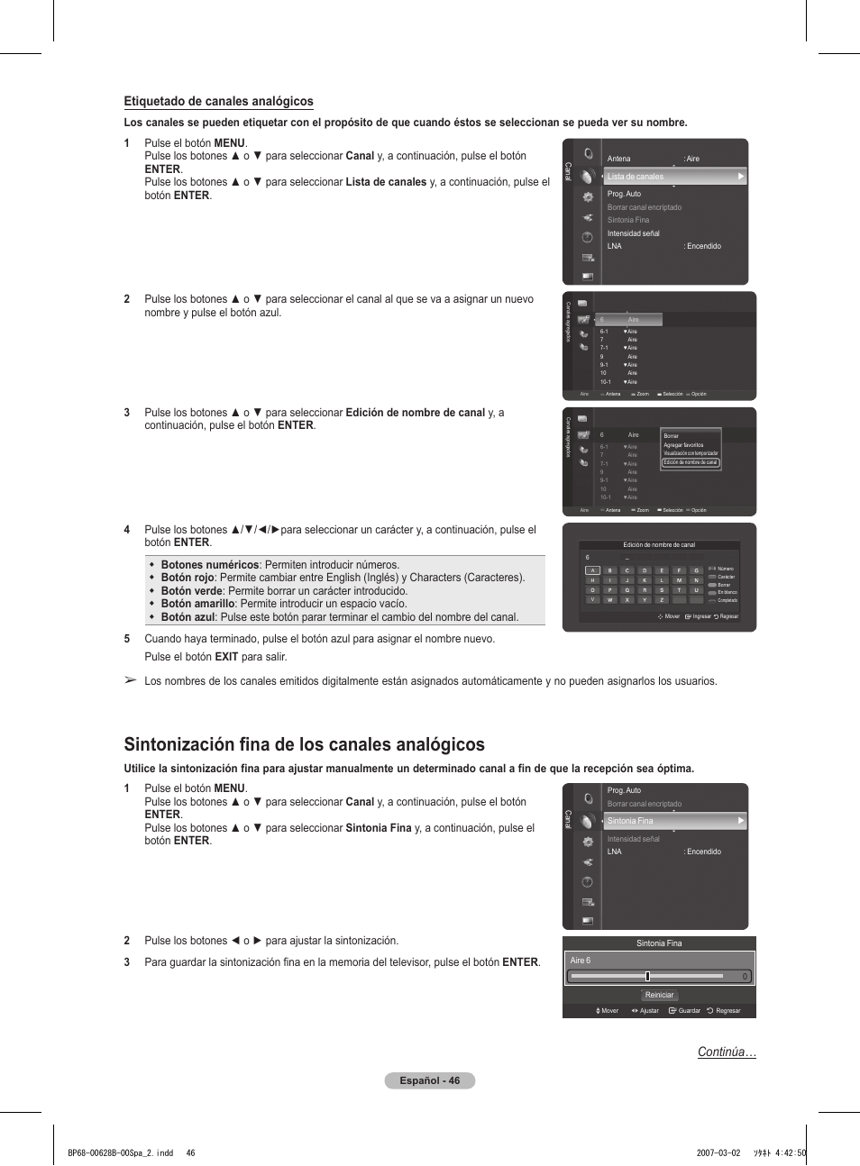 Sintonización fina de los canales analógicos, Etiquetado de canales analógicos, Continúa | Samsung HLT6189SAX-XAA User Manual | Page 228 / 271