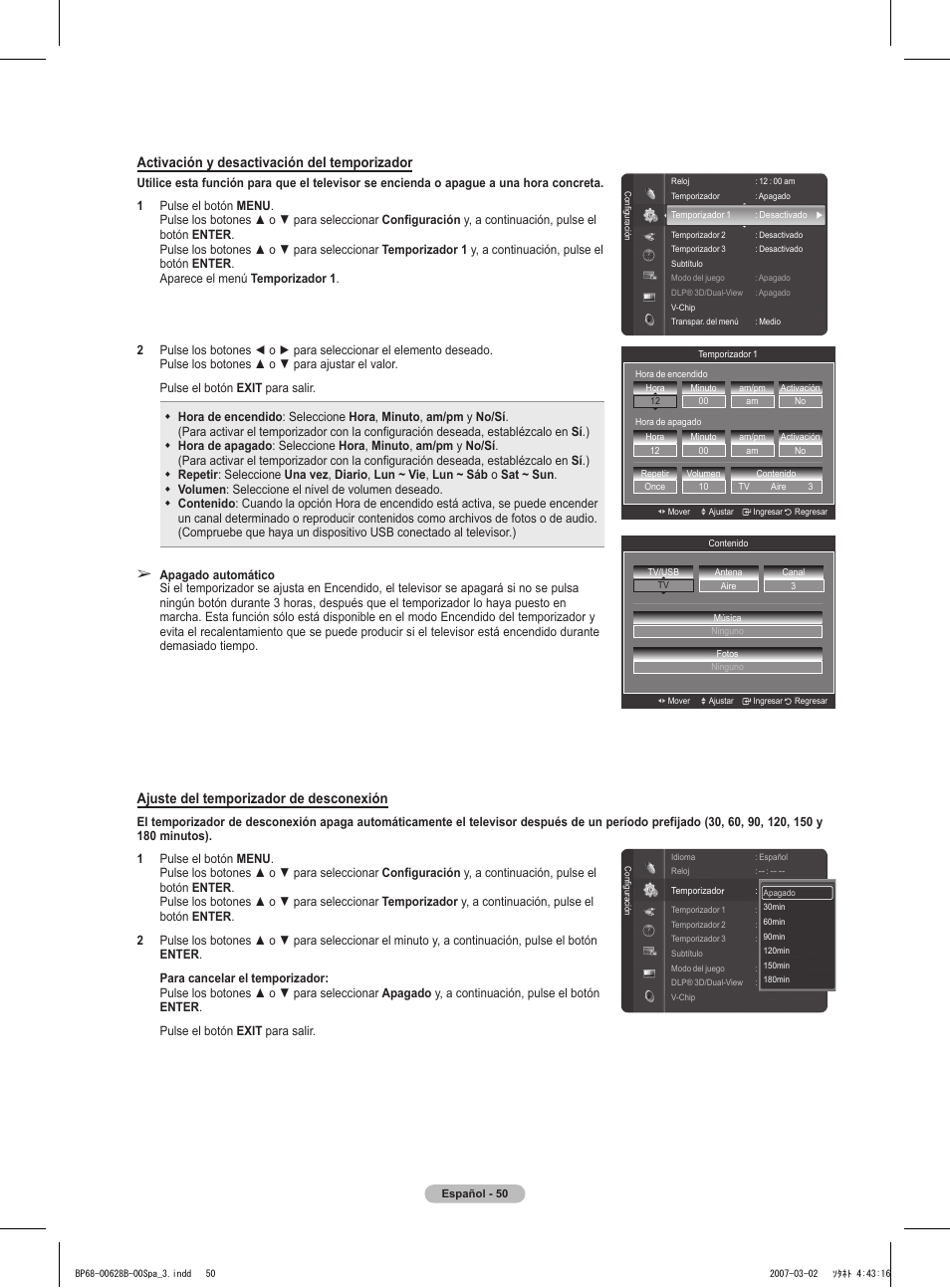 Activación y desactivación del temporizador, Ajuste del temporizador de desconexión | Samsung HLT6189SAX-XAA User Manual | Page 232 / 271