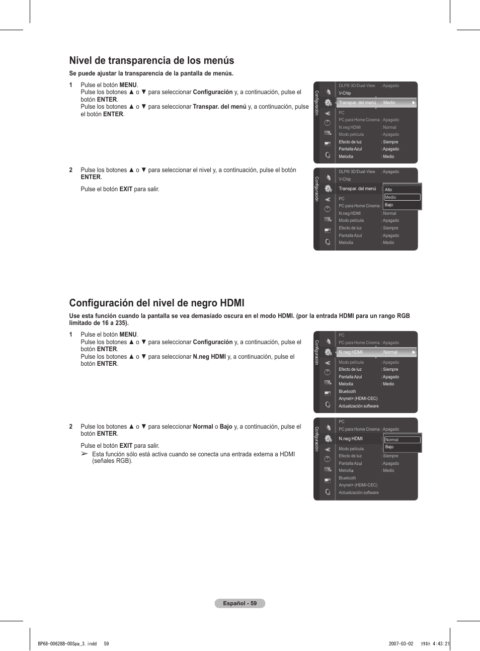 Nivel de transparencia de los menús, Configuración del nivel de negro hdmi | Samsung HLT6189SAX-XAA User Manual | Page 241 / 271
