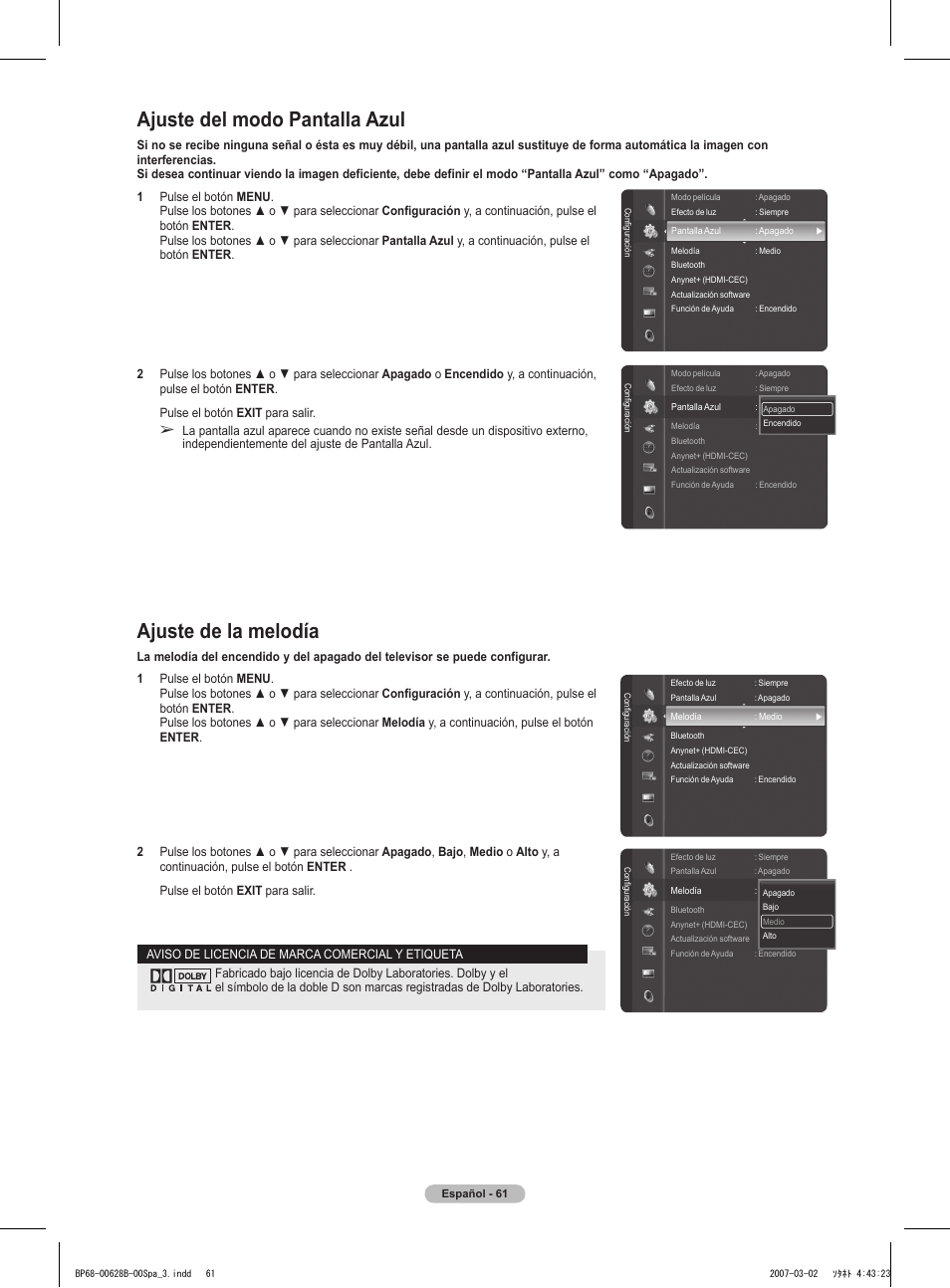 Ajuste de la melodía, Ajuste del modo pantalla azul | Samsung HLT6189SAX-XAA User Manual | Page 243 / 271