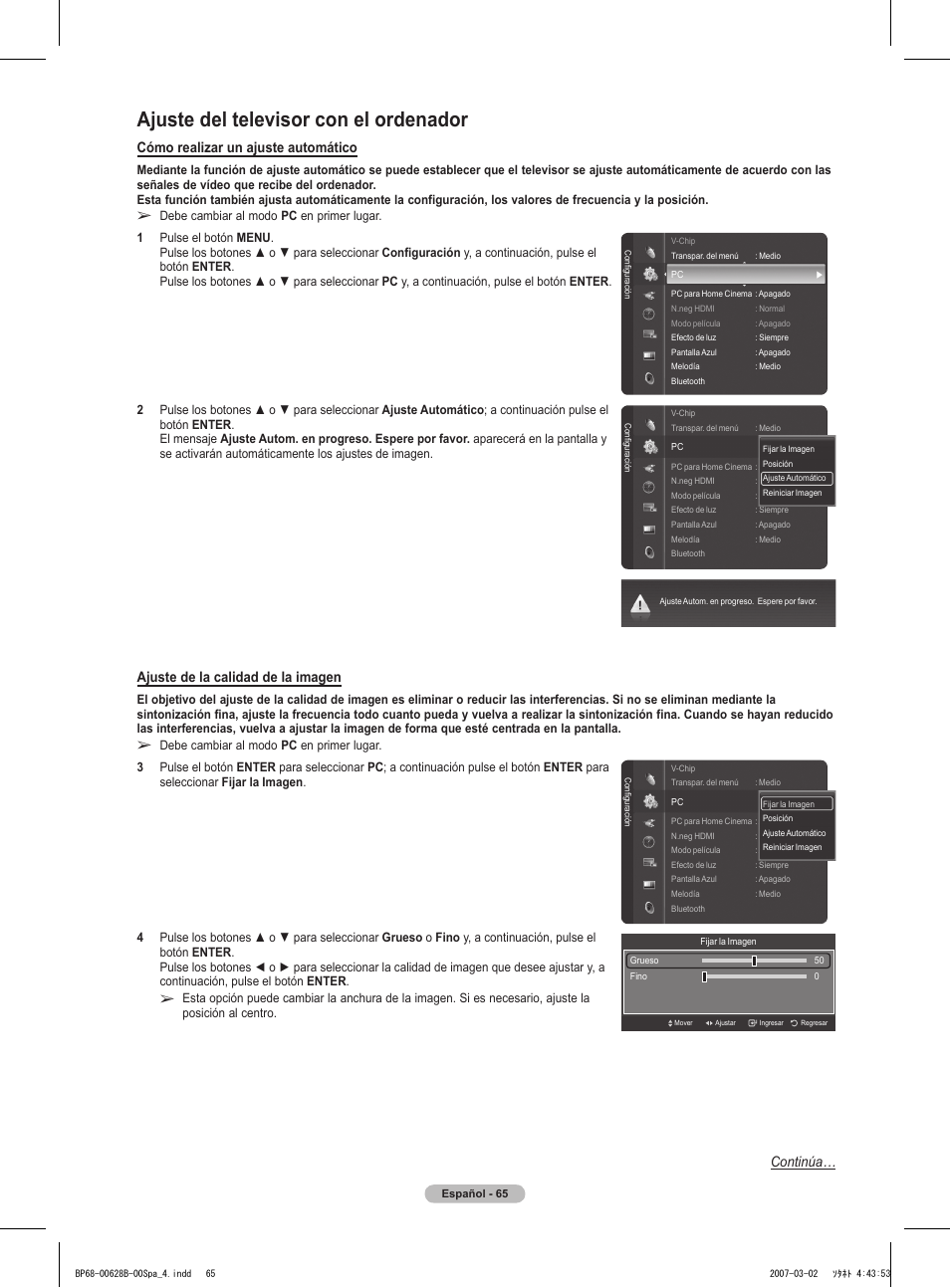 Ajuste del televisor con el ordenador, Cómo realizar un ajuste automático, Ajuste de la calidad de la imagen | Continúa | Samsung HLT6189SAX-XAA User Manual | Page 247 / 271